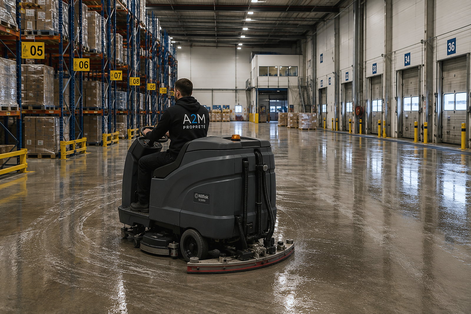 Autolaveuse autoportée dans un entrepôt logistique