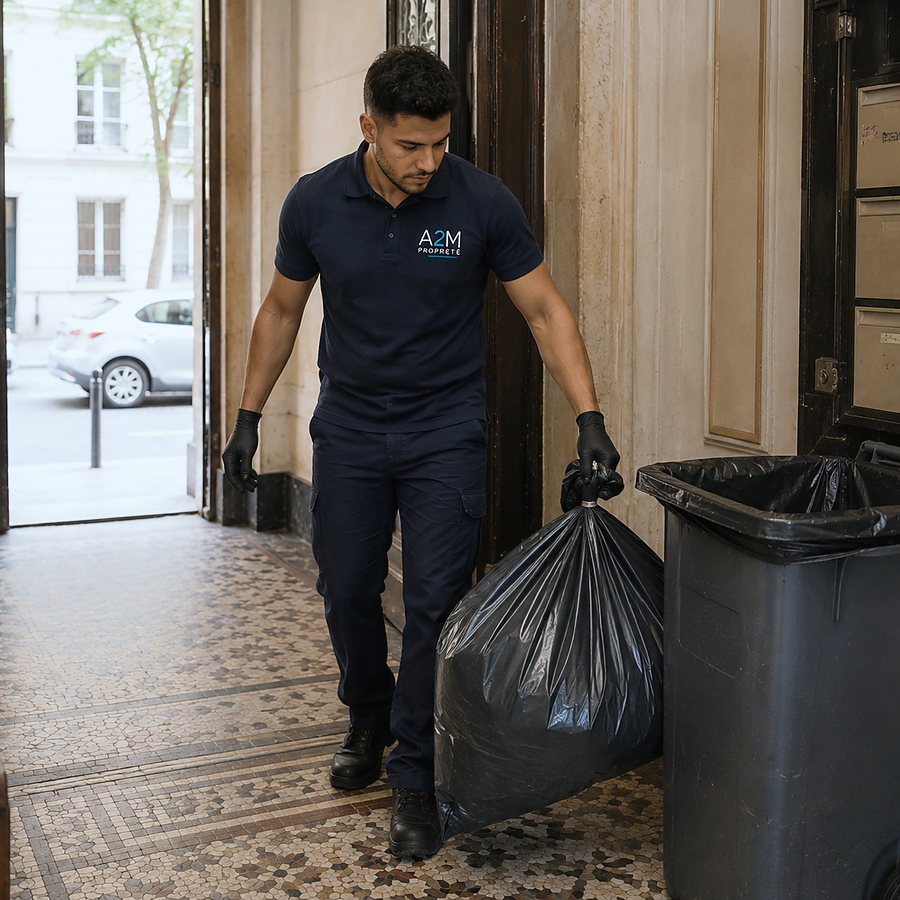 Évacuation des déchets dans le hall d’une copropriété